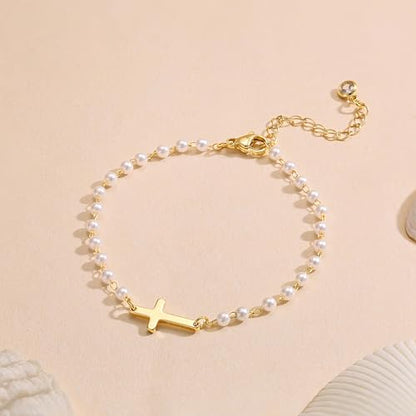Moodear Cross Bracelet for Women, Dainty Sterling Silver/Gold Plated Gift | Christian Religious Gifts for Teen, Stocking Stuffers, Adjustable Link Bracelets, Sparkling CZ Cross, Non Tarnish Jewelry - color: Pearl Gold Cross Bracelet
