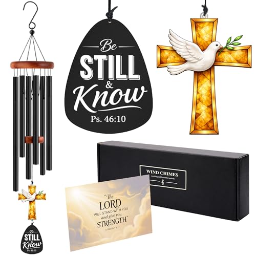 Christian Memorial Wind Chimes for Loss of Loved One - Remembrance Bereavement Gifts for Loss of Mother/Mom, Father/Dad - Be Still and Know - Religious Sympathy Wind Chimes with Cross Suncatcher 39"