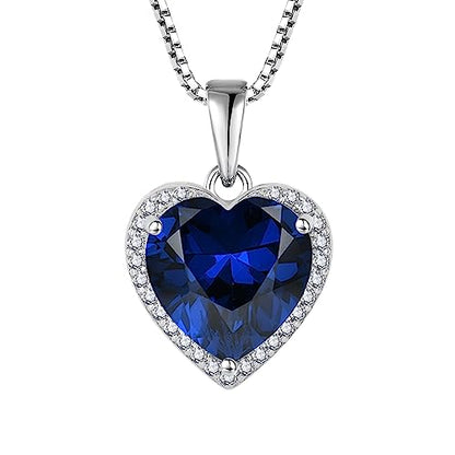925 Sterling Silver Halo Heart Necklace for Women | Lwsary Love Heart Necklace, Heart Cut Birthstone Jewelry for Her - color: Deep Blue