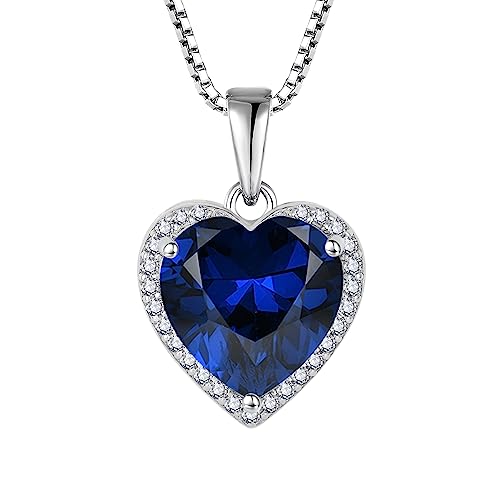 925 Sterling Silver Halo Heart Necklace for Women | Lwsary Love Heart Necklace, Heart Cut Birthstone Jewelry for Her - color: Deep Blue