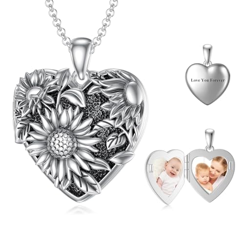 Dorunmo Personalized Heart Locket Necklace That Holds 2 Picture 925 Sterling Silver Custom Lockets Pendant Memorial Jewelry Gifts for Mom Sisters - color: Sunflower, style: Personalized-Photo+Text