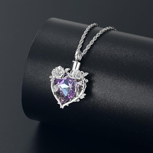 Cremation Jewelry for Ashes Rose Flower Urn Necklace with Crystal Heart Ashes Pendant Butterfly Necklaces for Women Men Memorial Keepsake Jewelry Gift - color: SilverB-purple