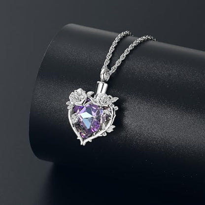 Cremation Jewelry for Ashes Rose Flower Urn Necklace with Crystal Heart Ashes Pendant Butterfly Necklaces for Women Men Memorial Keepsake Jewelry Gift - color: SilverB-purple
