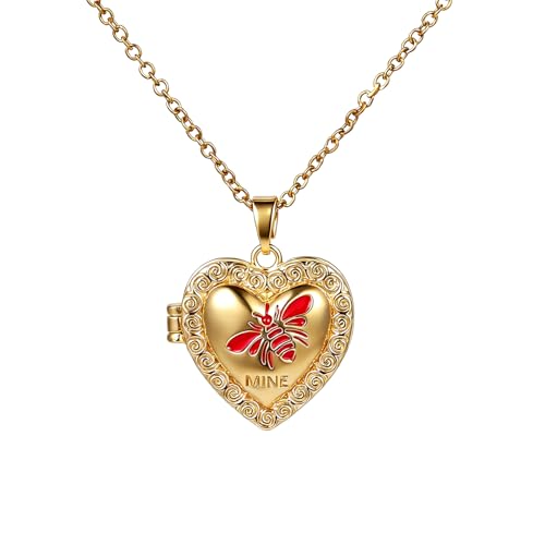 Vintage Gold Heart Locket Pendant Necklace - Engraved Bee Photo Locket Holds Pictures, Gold Plated Antique Memorial Locket Necklace Charms Carved Pattern Souvenir Memorial Clavicle Jewelry for Women - color: Red bee