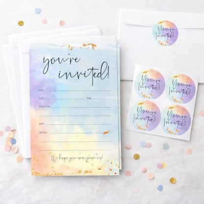 Paper 'n Such Blank Party Birthday Invitations With Envelopes For All Occasions, Set of 25 - Weddings, Bridal Showers, Engagement, Graduation, Fill In Colorful Watercolor Invites -Kids or Adults
