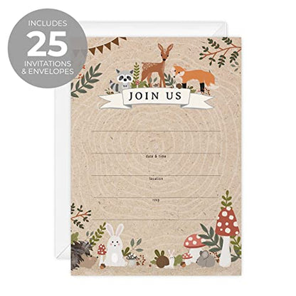 Canopy Street Woodland Animals Fill In Invitations / 25 Gender Neutral Baby Shower Invites With White Envelopes / 5" x 7" Forest Adventure Party Event Invite/Made In The USA - color: Woodland