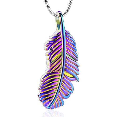 Cremation Jewelry Feathers Urn Necklace for Ashes Stainless Steel Memorial Keepsake Pendant for Women Men - color: Colorful
