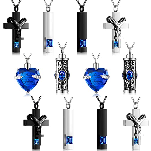 12 Pcs Urn Necklace for Ashes Bulk Cremation Cross Heart Cubic Jewelry Stainless Steel Memorial Locket for Men Women - color: Dark Blue