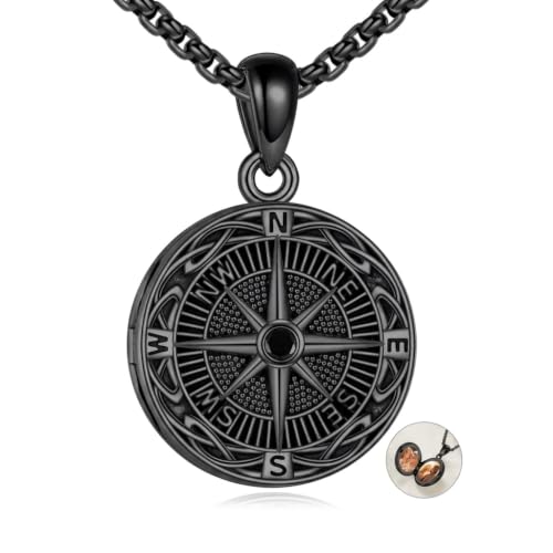 ONEFINITY Locket Necklace That Holds Picture Locket Memorial Pendant Jewelry Keepsake Gift for Men Women - color: black-Compass