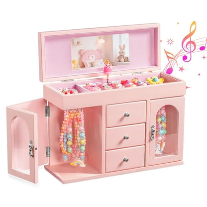 Musical Jewelry Box for Girls, Large Wooden Kids Jewelry Organizer with Spinning Ballerina & Mirror, 5-Layer Storage with Drawers & Side Doors, Pink Jewelry Box for Girls Birthday Christmas & gifts