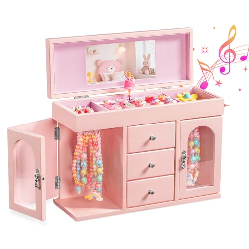 Musical Jewelry Box for Girls, Large Wooden Kids Jewelry Organizer with Spinning Ballerina & Mirror, 5-Layer Storage with Drawers & Side Doors, Pink Jewelry Box for Girls Birthday Christmas & gifts