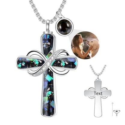 Turquoise Cross Urn Necklaces for Human Ashes 925 Sterling Silver Urn Necklaces Cremation Keepsake Memorial Pendant Necklace for Ashes for Loved One Human Pet - style: Infinity-Abalone Shell-Text&photo