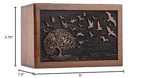 Rosewood Urn for Human Ashes, Tree of Life with Birds, X-Large 380 lb | Hand-carved solid sheesham rosewood, screw-locked sliding base, engraving available, holds up to 380 lb - color: Tree of Life With Birds, size: X-Large (380 lb)