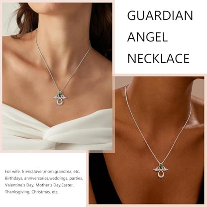 925 Sterling Silver Guardian Angel Pendant Necklace for Women with Birthstone Cubic Zirconia Little Angel Pendant Necklace Jewelry 18 inch Chain - color: 05-May-Emerald