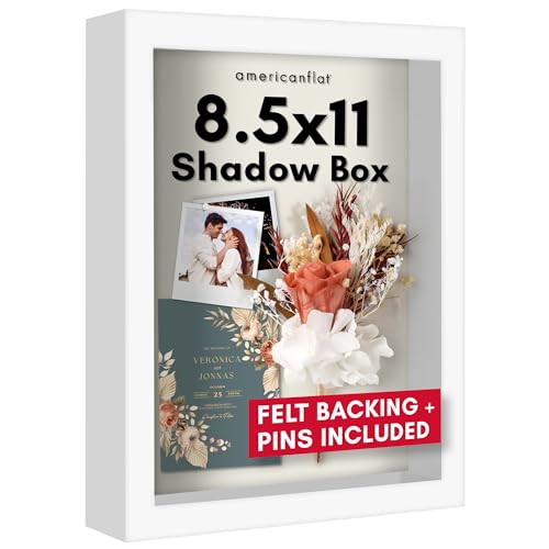Americanflat 8.5x11 Shadow Box Frame with Shatter-Resistant Glass - Silhouette Collection - Large Shadow Box Display Case for Tabletop and Wall Display - White with Soft Felt Back | Shatter-resistant glass, 1.5 inch interior depth, hangs vertical or horiz