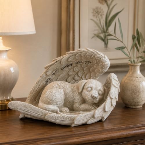 Comfy Hour 8.2 Inch Dog Angel Statue, Sleeping Pet Memorial | Dog Bereavement Gift, Angel Wings, Gray Resin, We Will Always Love You Inscription, Shelf Or Mantel Decor