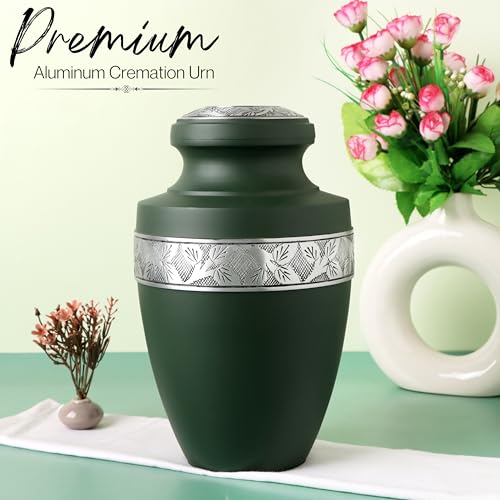 CLEENTABLE Cremation Urn for Human Ashes, Hand Carved Green Metal - color: Green & Silver, size: Hand-Etched Leaf - 7x11"