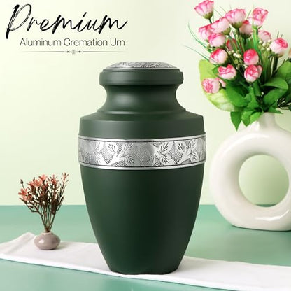 CLEENTABLE Cremation Urn for Human Ashes, Hand Carved Green Metal - color: Green & Silver, size: Hand-Etched Leaf - 7x11"