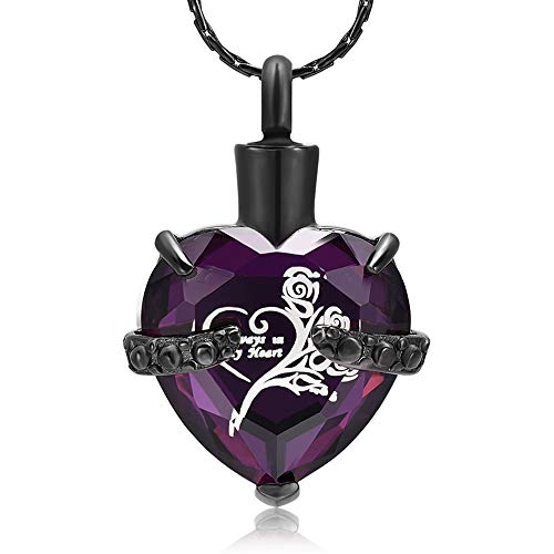 constantlife Crystal Heart Shape Cremation Jewelry Memorial Urn Necklace for Ashes, Stainless Steel Ash Holder Pendant Keepsake with Gift Box Charms Accessories for Women - color: Black+Purple
