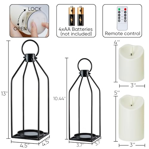 Homemory Modern Farmhouse Black Metal Lanterns 2PCS with Flameless Candle - color: Black