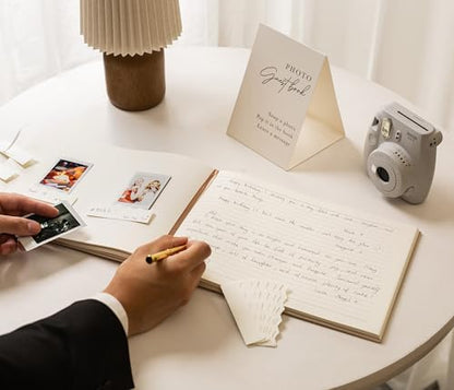 Real Linen Guest Book Set - 11.5 x 8.5 Embossed Guestbook for Weddings, Showers, Events, Blank & Lined, Comes with Sign, Pen, Box and Photo Sleeves, 120 Pages (Oatmeal) - color: Oatmeal