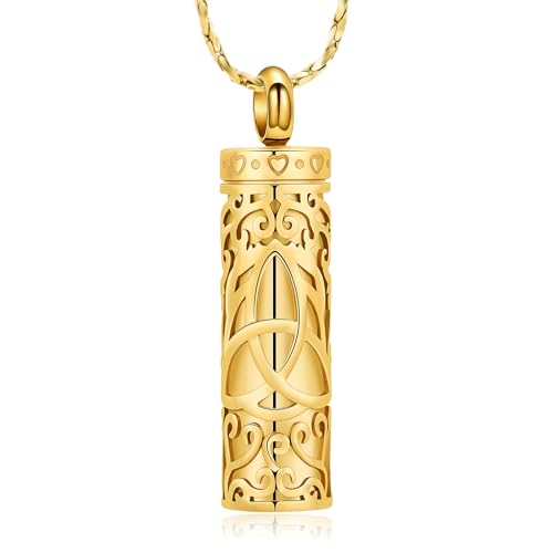 Imrsanl Celtic Knot Cremation Jewelry for Ashes Stainless Steel Cylinder Urn Necklace Memorial Pendant Human Pet Ashes Holder Keepsake for Women Men - color: Gold