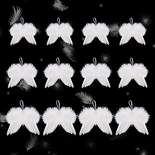 12 Pcs White Angel Wings Ornament, 3 Size Vintage Feather Wing Christmas Tree Hanging Decor Weeding Ornament (6.7 x 6in, 5 x 4.3in, 4.3 x 3.6in)