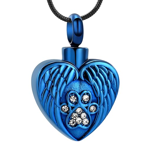 Heart Paw Print Urn Necklace for Ashes for Pet Stainless Steel Pendant - color: Bule