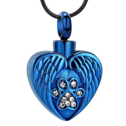 Heart Paw Print Urn Necklace for Ashes for Pet Stainless Steel Pendant - color: Bule
