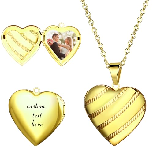 OIDEA Locket Necklace for Women: Gold Photo Lockets that Hold Picture Stainless Steel Necklace with Picture Inside Birthday Mothers Day Jewelry Gifts for Womens - color: stripes heart - gold custom
