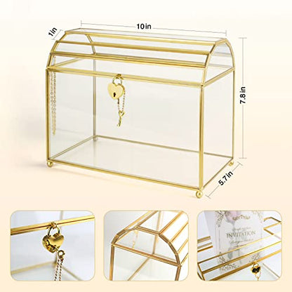 Gold Wedding Glass Card Box with Slot and Heart Lock, Large Clear Card Box for Wedding Reception, Bridal Shower, Handmade Brass Glass Display Box Weddings Centerpiece - color: slot and heart lock