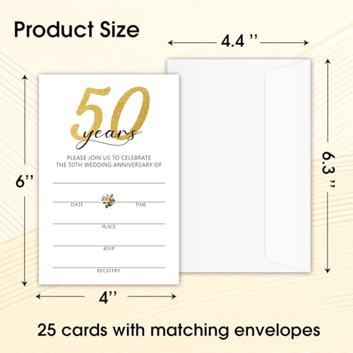 50 Years Anniversary Bridal Shower Invitations Cards, Set of 25 Gold Foil Floral Fill in Style 50th Year Wedding Invites Cards with Envelopes for Couples Marriage Party Supplies-T05 - color: 50 Years-01