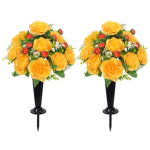 Wocst 2Sets Grave Decorations for Cemetery Memorial Flowers with Vases for Grave Decor Weatherproof,NO-Fading - color: Yellow