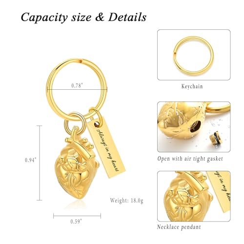 XSMZB Heart Cremation Jewelry Ashes Pendant for Human Pet Funeral Urn Necklace for Ashes Women Men Memorial Urn Jewelry - color: Gold Keychain