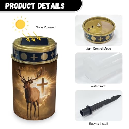 Poceacles Solar Candle Cemetery Solar Lights for Grave LED Garden Flameless Powered Pathway Lights Outdoor Waterproof with Dusk to Dawn Sensor, Brown Deer Cross Pattern - color: Brown - Deer Cross Pattern