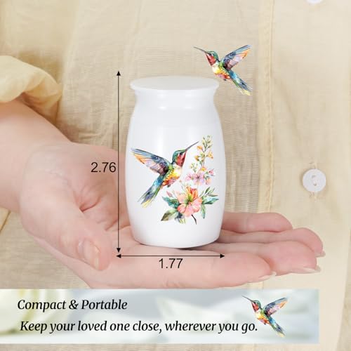 Abooxiu Small Hummingbird Mini Aluminum Memorial Urn - White, Green Pattern - 3 Inches Tall - Human Ashes Keepsake - Secure Threaded Lid - Elegant & Exquisite Craftsmanship - Decorative Urn for Adults