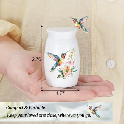 Abooxiu Small Hummingbird Mini Aluminum Memorial Urn - White, Green Pattern - 3 Inches Tall - Human Ashes Keepsake - Secure Threaded Lid - Elegant & Exquisite Craftsmanship - Decorative Urn for Adults