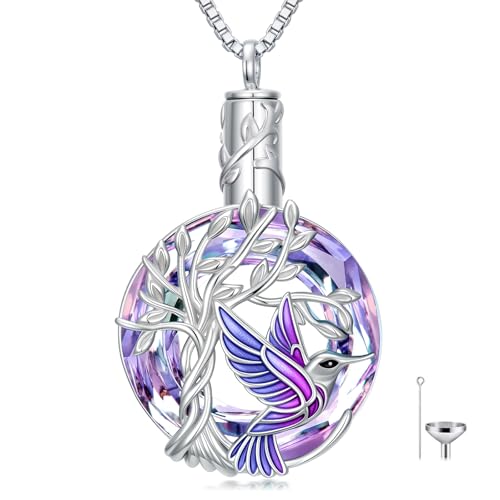 TOUPOP Butterfly Necklace for Women 925 Sterling Silver Tree of Life Butterflies Dragonfly Hummingbird Pendant Necklaces Crystal Jewelry Anniversary Christmas Birthday Gift for Her - color: Hummingbird Purple - Urn