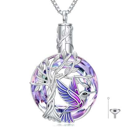 TOUPOP Butterfly Necklace for Women 925 Sterling Silver Tree of Life Butterflies Dragonfly Hummingbird Pendant Necklaces Crystal Jewelry Anniversary Christmas Birthday Gift for Her - color: Hummingbird Purple - Urn