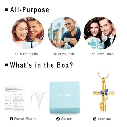 Imrsanl Cross with Butterfly Urn Necklaces for Ashes for Women - color: Gold Blue