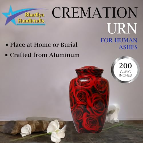 Bhartiyaa Handicraft Red Rose Cremation Urn for Human Ashes – Memorial Urn for Adult Male & Female, Holds Up to 200 lbs, for Home or Burial (Design 9) - size: Adult 200 Ibs