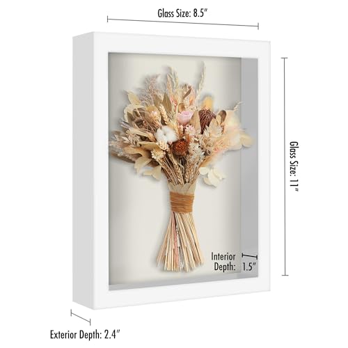Americanflat 8.5x11 Shadow Box Frame with Shatter-Resistant Glass - Silhouette Collection - Large Shadow Box Display Case for Tabletop and Wall Display - White with Soft Felt Back | Shatter-resistant glass, 1.5 inch interior depth, hangs vertical or horiz