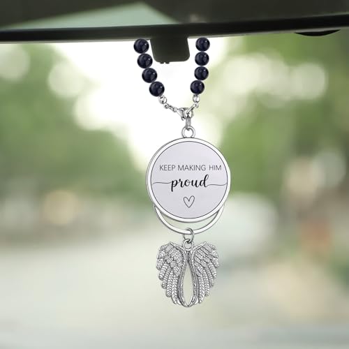 Memorial Car Charm Sympathy Gifts for Loss of Loved One | Ornament Hanging Rear View Mirror Accessories Grief Bereavement Gift, Memorial Gifts Idea for Loss of Mom Dad - color: Keep Making Him Proud-silver