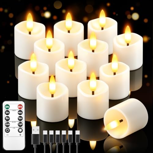 12 Pack Small Rechargeable Flameless Candles with Remote Timer | 1.5"x2" LED Tea Lights Votive Fake Candles Flickering Mini Candles Battery Operated for Halloween Wedding Party Home Decor - color: White, size: 12 Pack