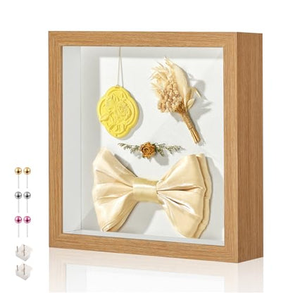 11x11 Shadow Box Frame with Shatterproof Clear Glass & Push Pins - color: Wood Color+foam Back+foam Packaging, size: 11x11
