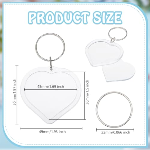 200pcs Heart Acrylic Photo Frame Keychain Charm Small Clear Photo Insert Keychain with Split Ring Picture Frame Keyring Blank Frame Key Holder Pendants for Family Lovers Friends