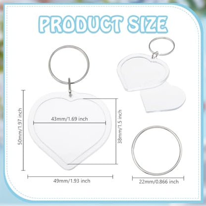 200pcs Heart Acrylic Photo Frame Keychain Charm Small Clear Photo Insert Keychain with Split Ring Picture Frame Keyring Blank Frame Key Holder Pendants for Family Lovers Friends