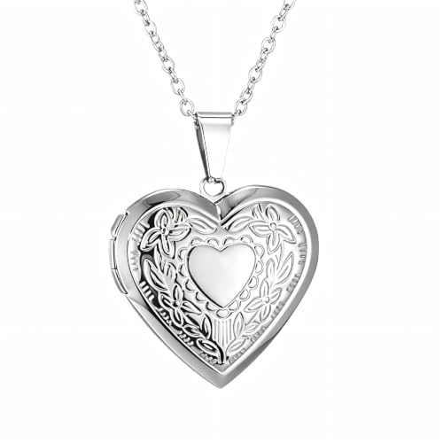 Heart Locket Necklace Pendant Dainty Memorial Keepsake Locket Necklace That Holds Pictures Stainless Steel Heart Photo Box Necklace for Women Lover Mother Father Daughter Son Fashion Jewelry Gifts - color: 01Silver