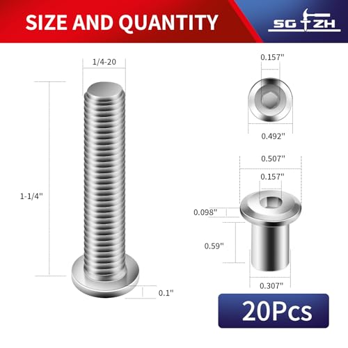 1/4-20 x 1-1/4" 20Pcs Flat Head Hex Socket Cap Screws Bolts Barrel Nuts Kit, 304 Stainless Steel 18-8, Full Thread by SG TZH (with Hex Spanner) - color: Silver, size: 1/4-20 x 1-1/4"