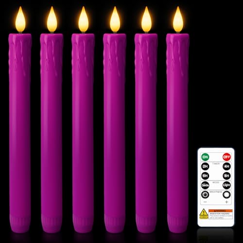Homemory 6 Pcs Real Wax Purple Flameless Taper Candles with Remote Timer, 9.6 Inches LED Fake Candlesticks, LED Candle with 3D Flickering Flame for Romantic Wedding, Dinner, Xmas Anniversary Decor - color: Purple, size: 9.6 inch